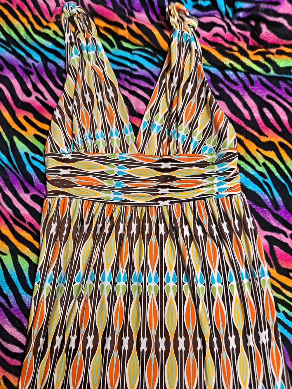 Retro Geo Print Halter Maxi Dress - Orange, Teal, Brown